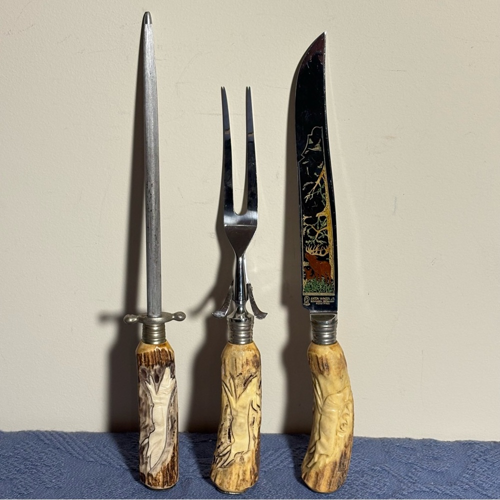 Carved Bone Handle Carving Knife Set - Anton Wingen VINTAGE Made In Germany